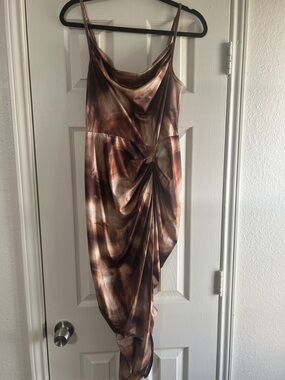 SHEIN Brown Marble Satin Cowl Neck Twist-Drape Midi Dress